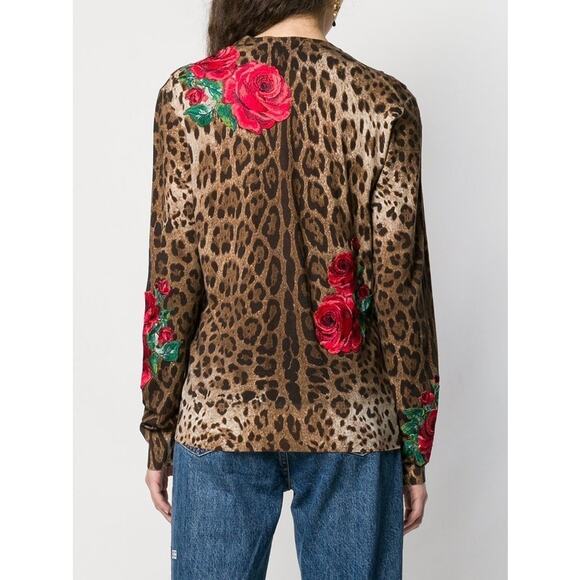 NWT DOLCE & GABBANA Animal Print Leopard Rose Cardigan Brown Red IT 40 S - Picture 3 of 9